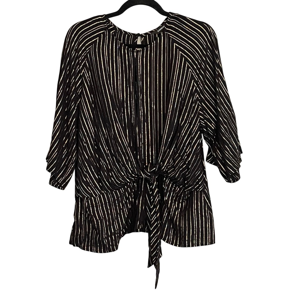 Express Black Gold Metallic Striped Tie Front Top 3/4 Sleeve Blouse Size L